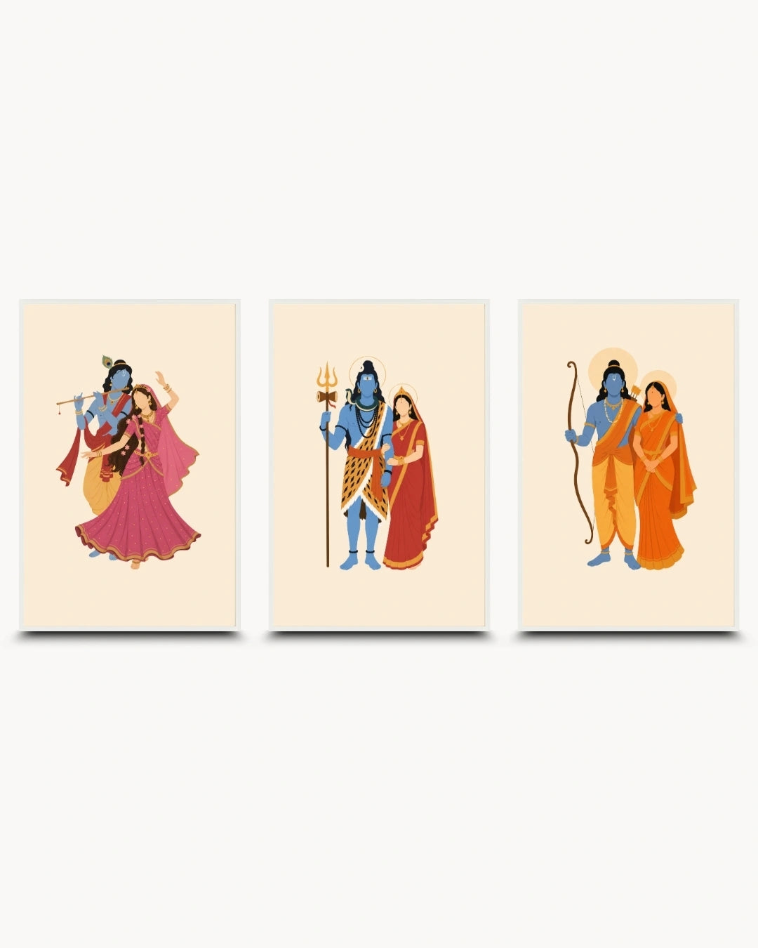 Minimalist illustration of the Hindu divine couples Radha-Krishna, Shiva-Parvati, and Sita-Rama, presented as a set of three modern wall art pieces in clean moon white frames.