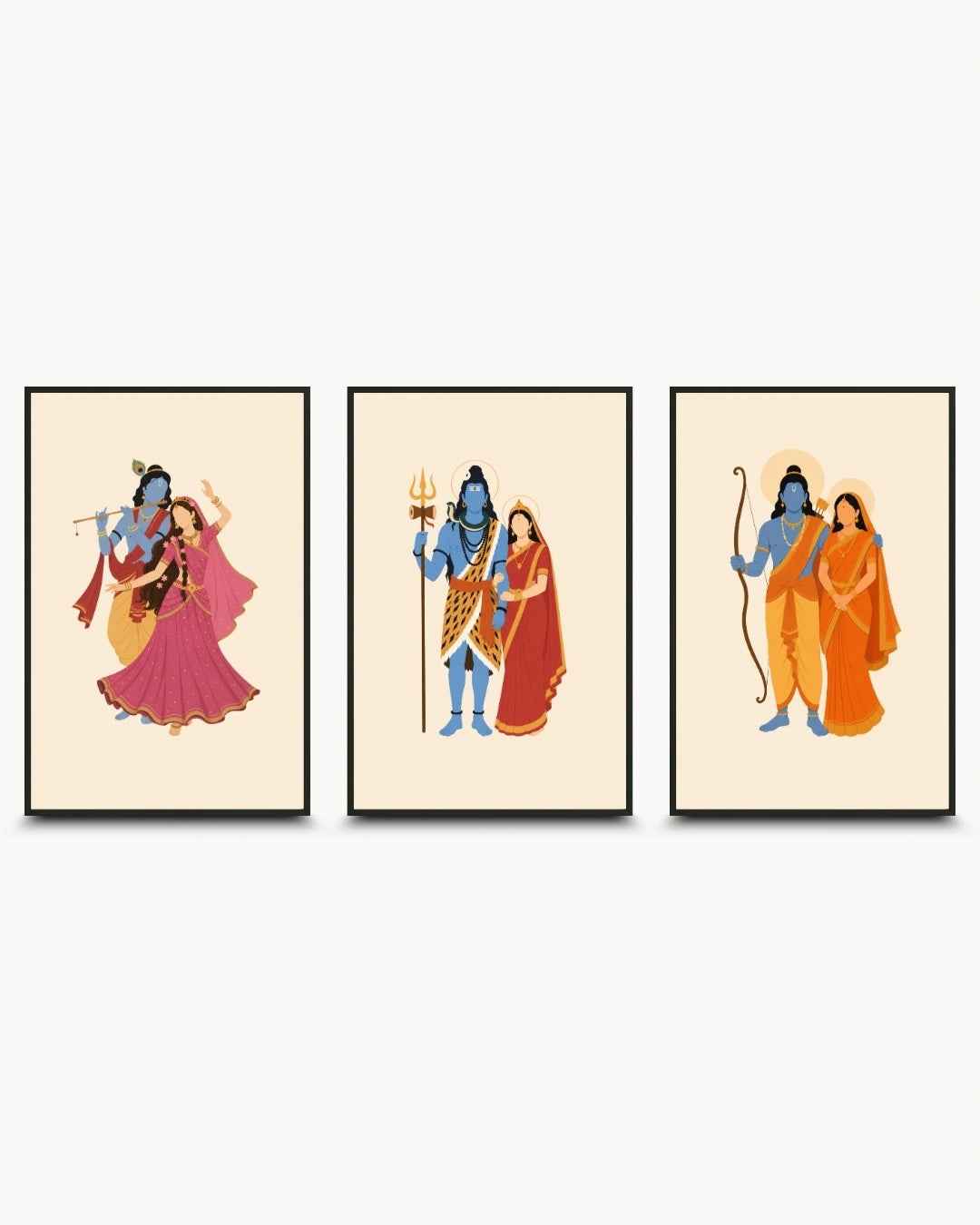 Minimalist illustration of the Hindu divine couples Radha-Krishna, Shiva-Parvati, and Sita-Rama, presented as a set of three modern wall art pieces in sleek noir black frames.