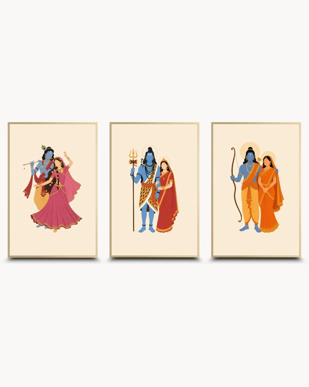Minimalist illustration of the Hindu divine couples Radha-Krishna, Shiva-Parvati, and Sita-Rama, presented as a set of three modern wall art pieces in elegant satin gold frames.