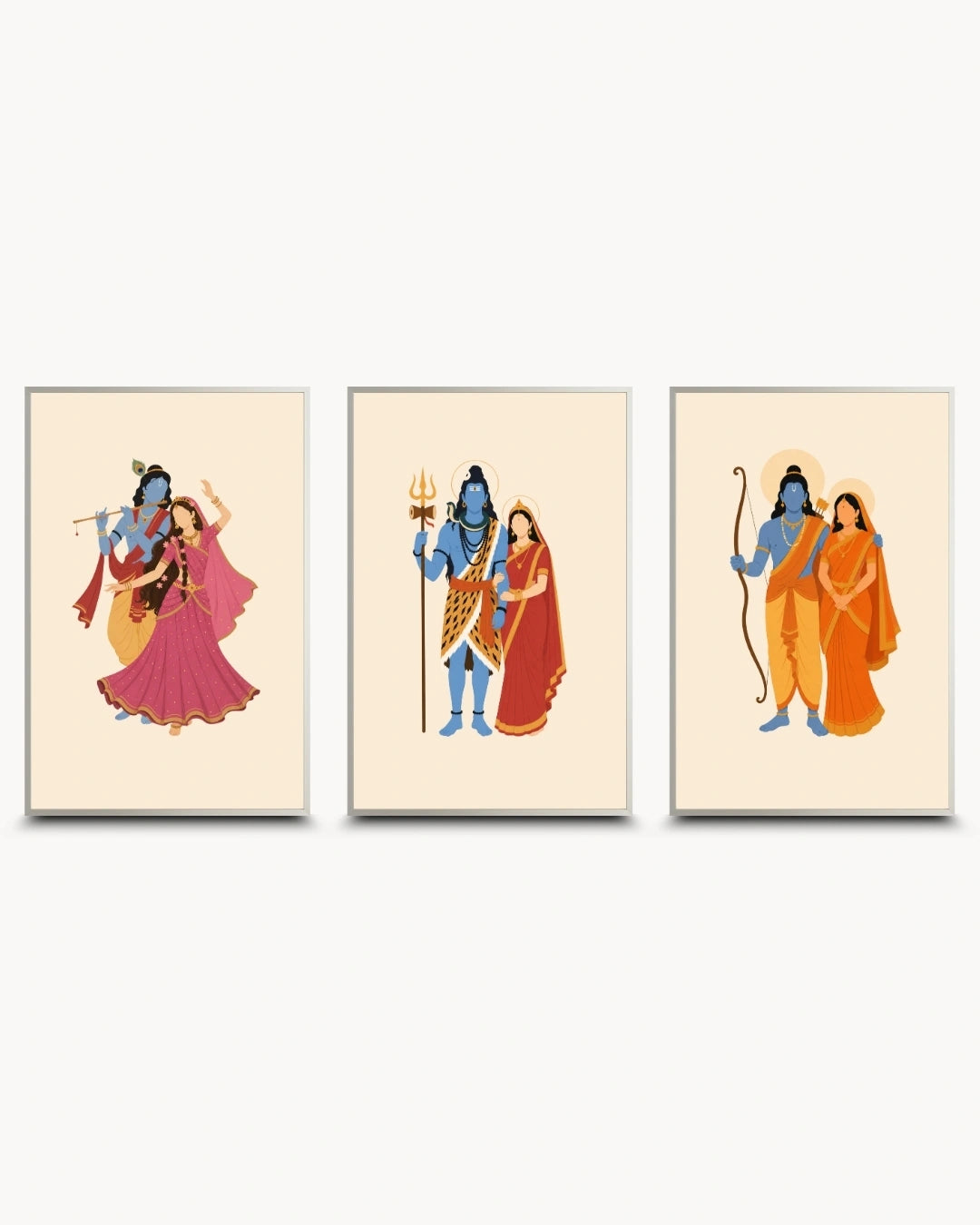 Minimalist illustration of the Hindu divine couples Radha-Krishna, Shiva-Parvati, and Sita-Rama, presented as a set of three modern wall art pieces in modern satin silver frames.