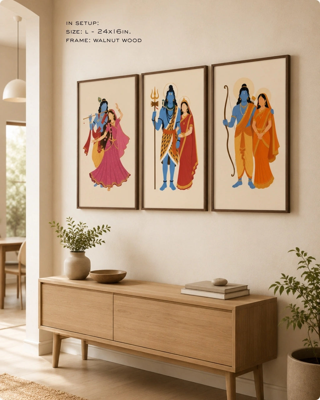 Lifestyle mockup of the minimalist Hindu divine couples wall art set of 3 in rich walnut wood frames, displayed above a modern wooden entryway console table.