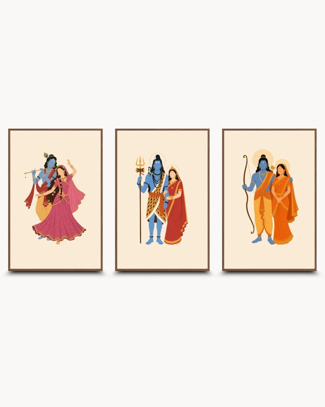Minimalist illustration of the Hindu divine couples Radha-Krishna, Shiva-Parvati, and Sita-Rama, presented as a set of three modern wall art pieces in rich walnut wood frames.