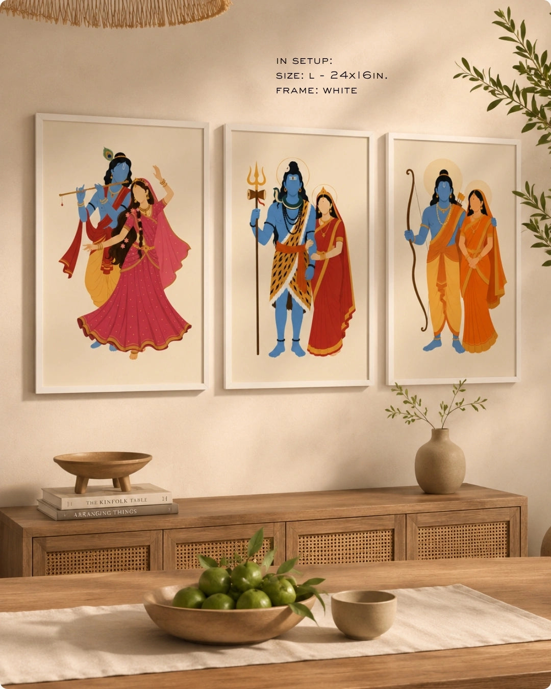 Lifestyle mockup of the minimalist Hindu divine couples wall art set of 3 in clean white frames, elegantly styled above a warm wooden sideboard in a minimalist dining room setting.