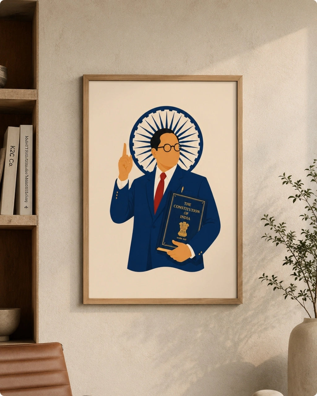 Lifestyle mockup of the Dr. B.R. Ambedkar wall art in a light maple wood frame displayed next to a bookshelf in a sunlit study room.