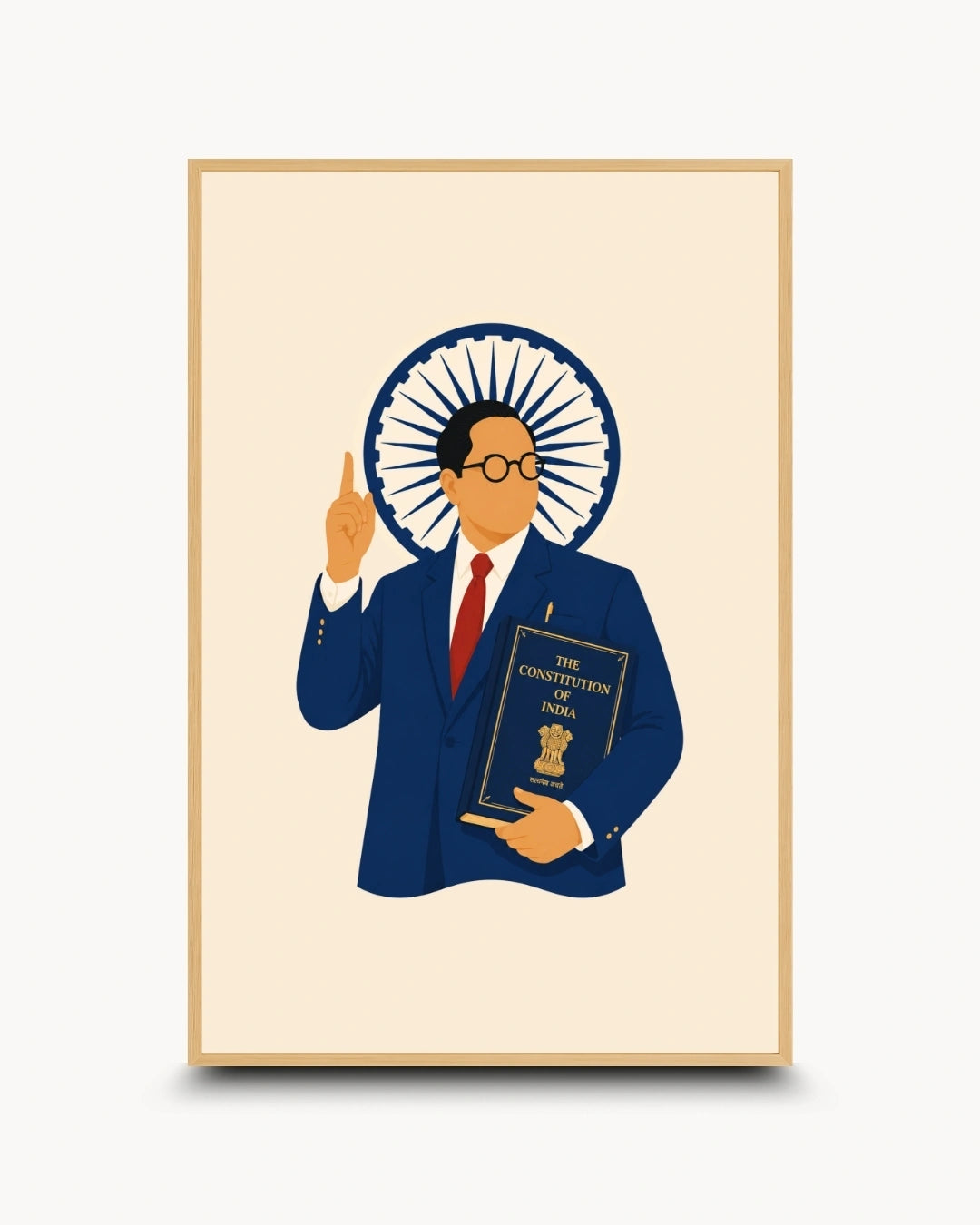 Minimalist illustration of Dr. B.R. Ambedkar holding the Constitution presented as a modern wall art piece in a light maple wood frame.