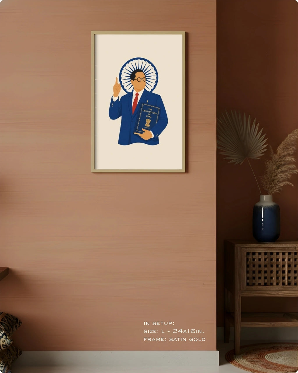 Visual size guide mockup for the Dr. B.R. Ambedkar wall art in Large size with a satin gold frame displayed against a warm terracotta accent wall.