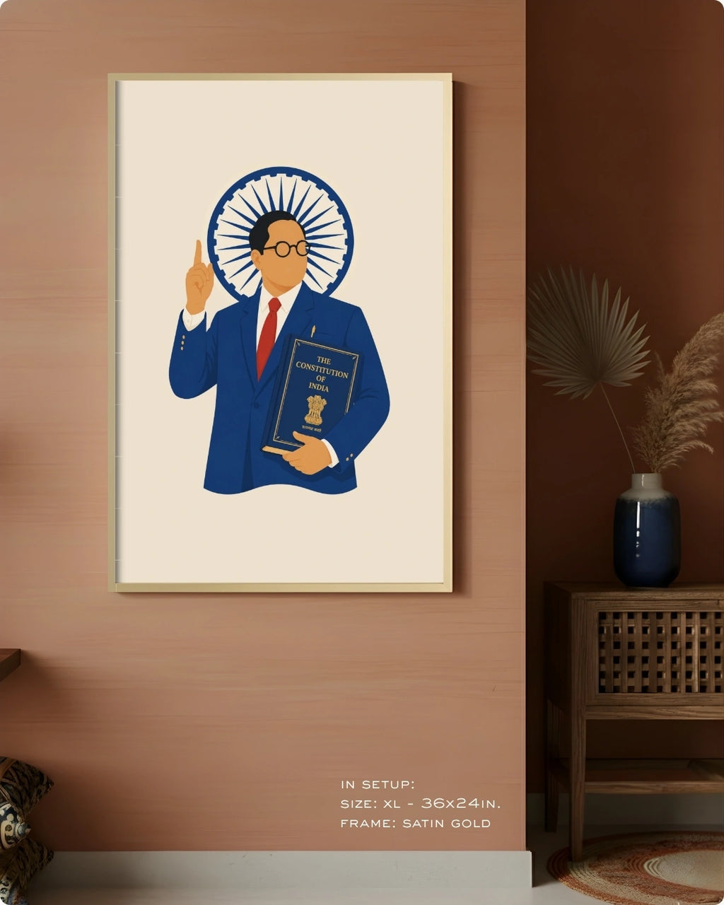 Visual size guide mockup for the Dr. B.R. Ambedkar wall art in Extra Large size with a satin gold frame displayed against a warm terracotta accent wall.