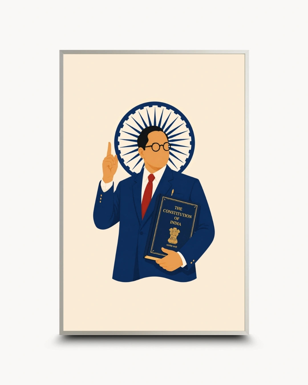 Minimalist illustration of Dr. B.R. Ambedkar holding the Constitution presented as a modern wall art piece in a modern satin silver frame.