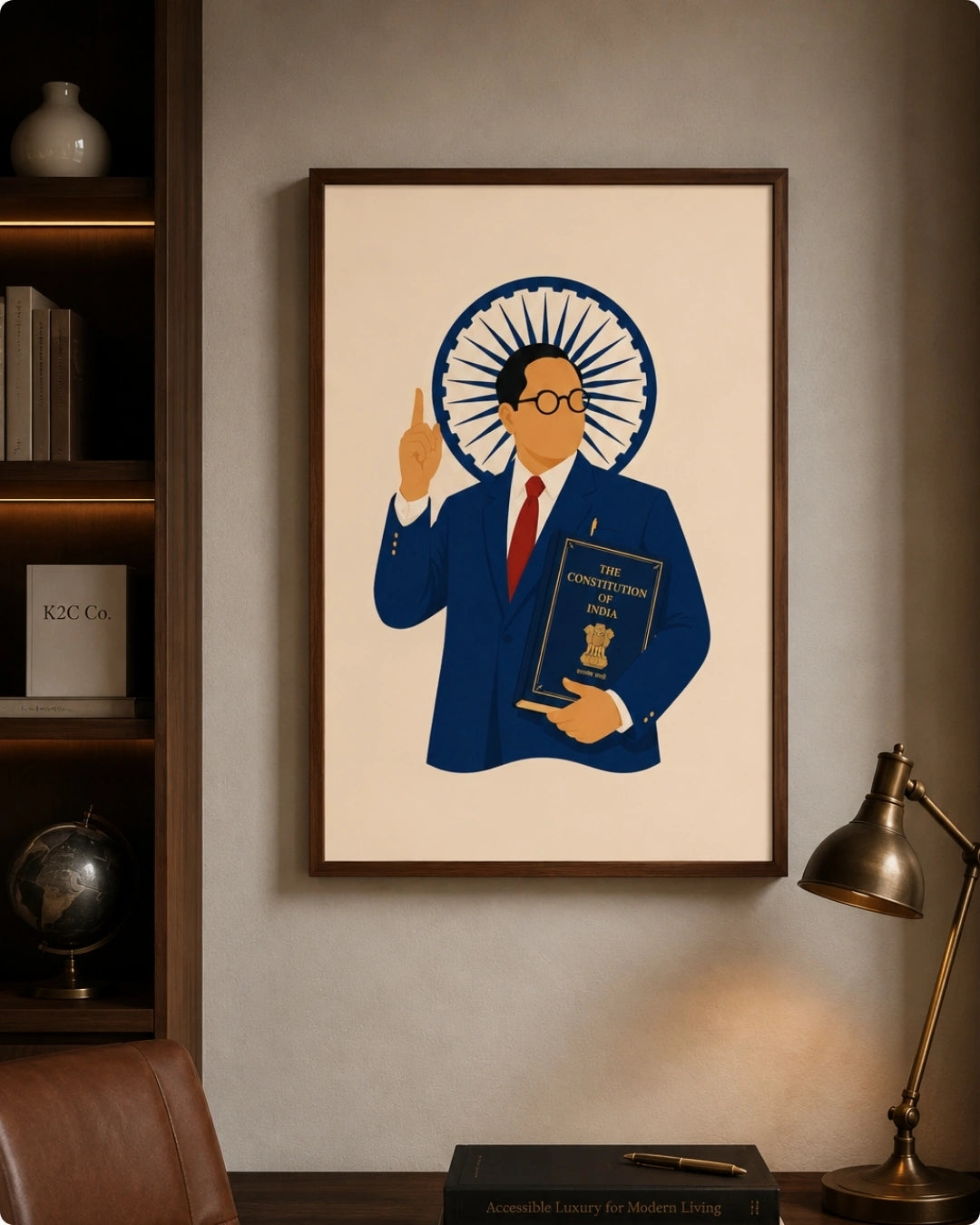 Lifestyle mockup of the Dr. B.R. Ambedkar wall art in a rich walnut wood frame styled in a moody office setting over a dark wooden cabinet with a globe.