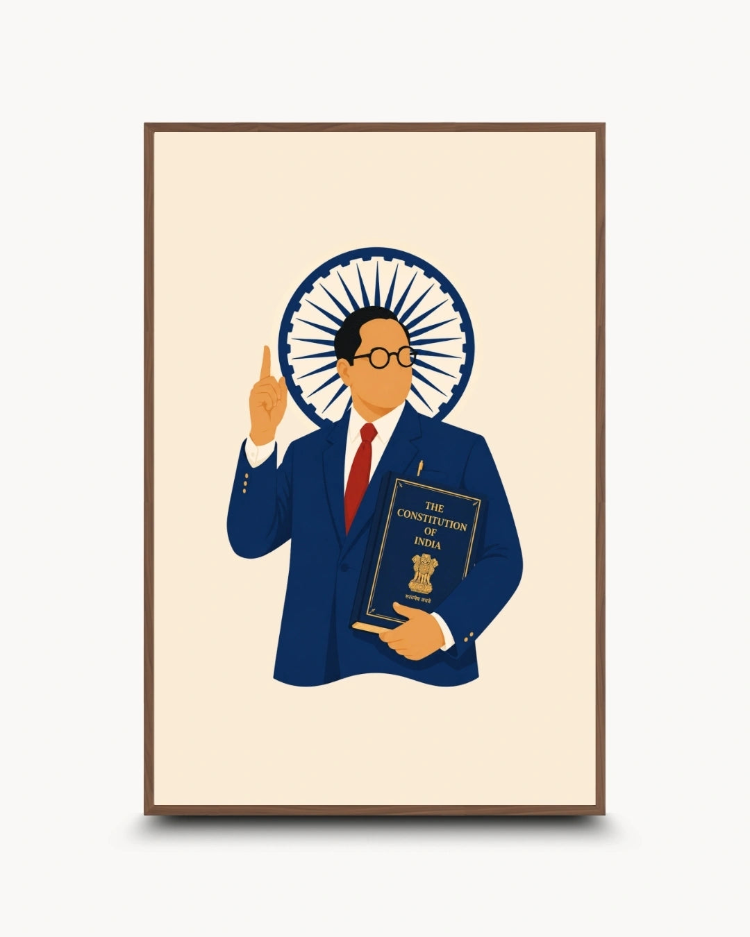 Minimalist illustration of Dr. B.R. Ambedkar holding the Constitution presented as a modern wall art piece in a rich walnut wood frame.