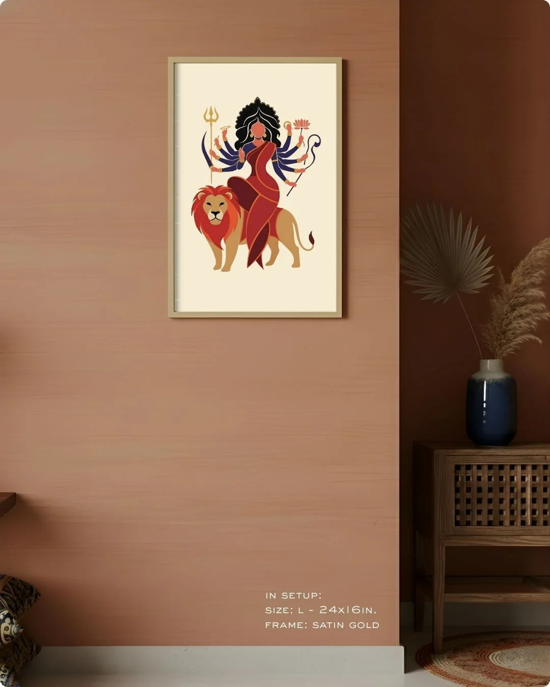 Large (Size L - 24x16in) Goddess Durga minimalist art in a Satin Gold frame, showing the ideal scale for standard living room walls.