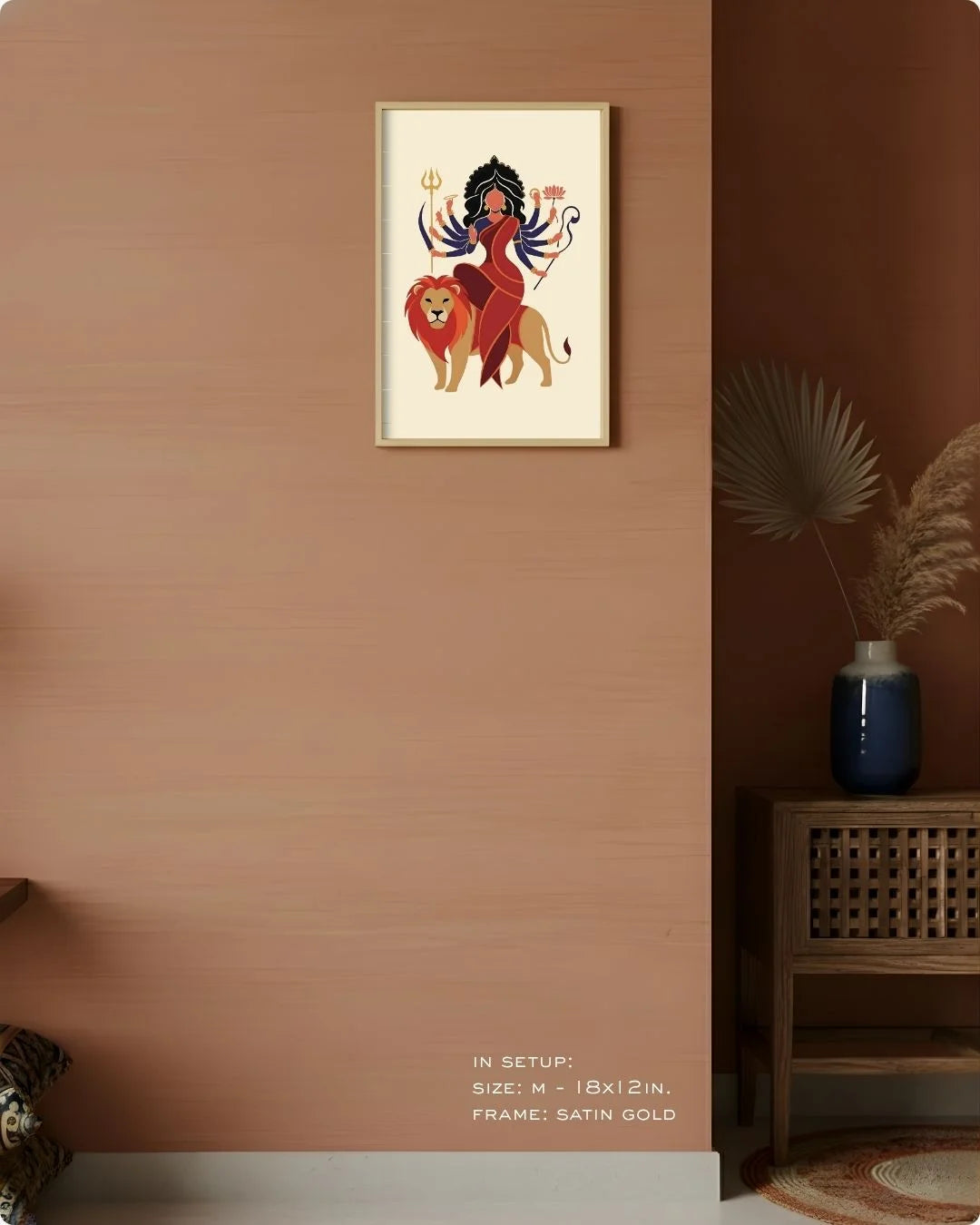 Medium (Size M - 18x12in) Durga divine print in a Satin Gold frame, perfectly scaled for a modern gallery wall or entryway.