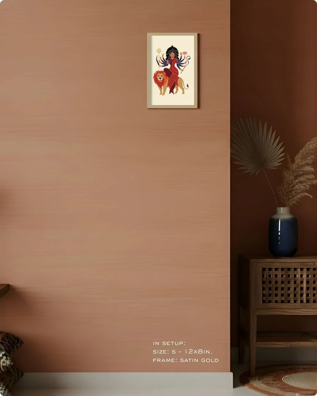 Small (Size S - 12x8in) Goddess Durga print in a Satin Gold frame. A refined spiritual accent for compact spaces or desk setups.