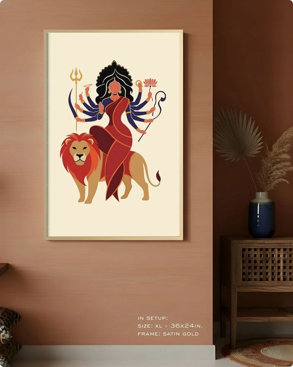 Extra Large (Size XL - 36x24in) Durga divine print in a Satin Gold frame, demonstrating a monumental statement wall scale.