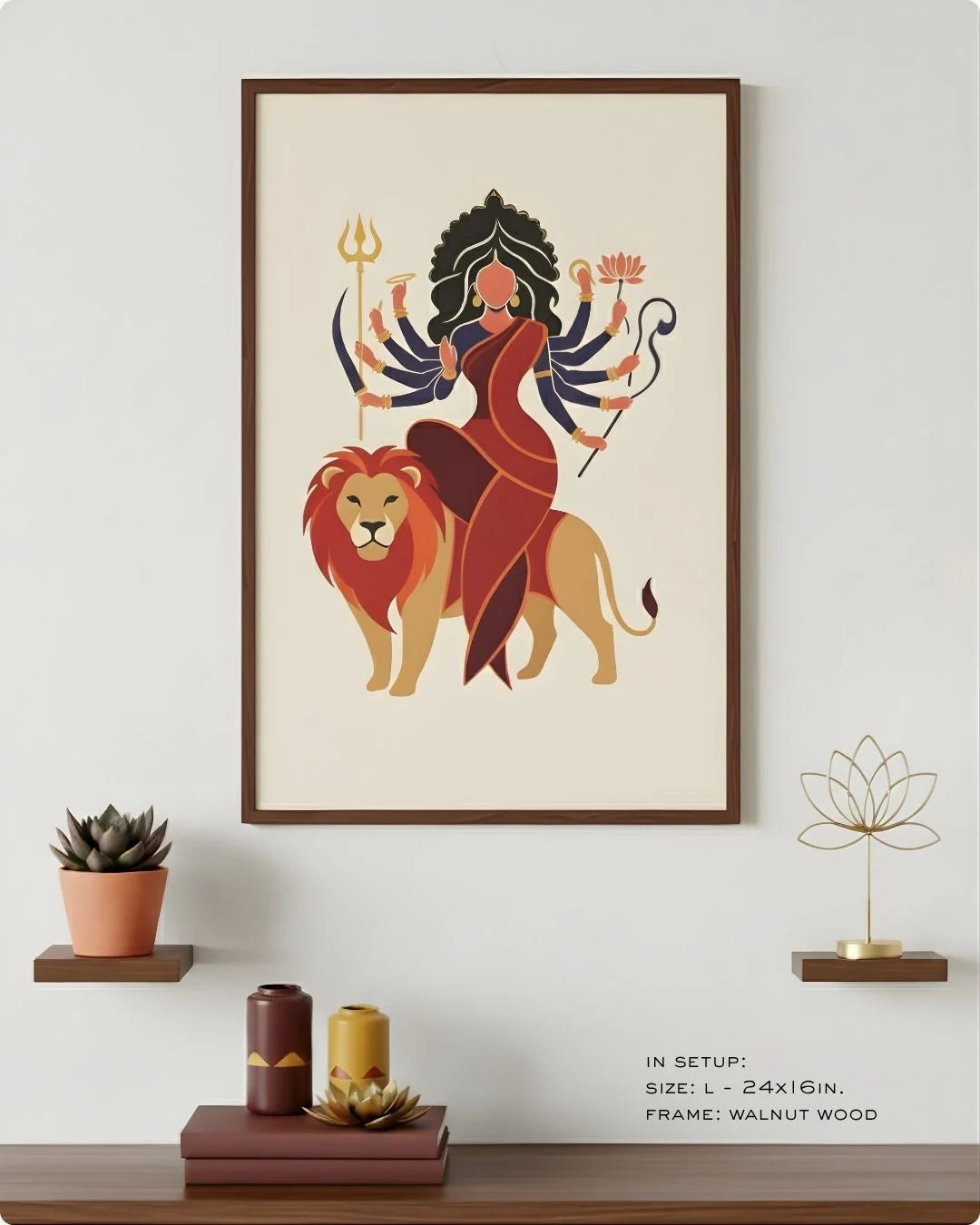 Goddess Durga flat art in a Walnut Wood frame, styled on a minimalist shelf with a succulent and gold lotus ornament.