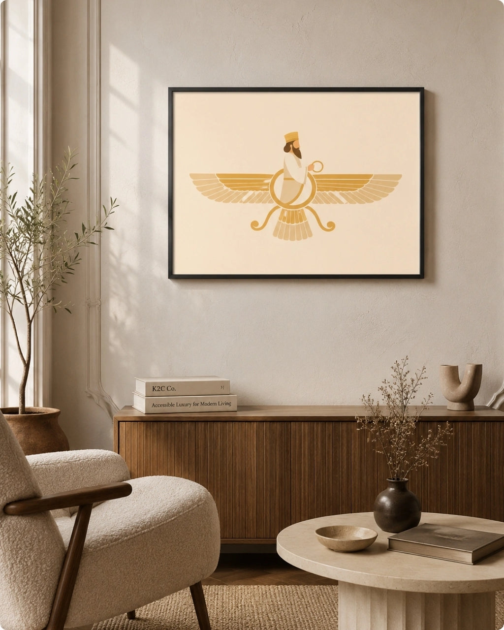 Lifestyle mockup of the horizontal Faravahar wall art in a rich walnut wood frame styled above a dark wooden console with minimal ceramic decor.