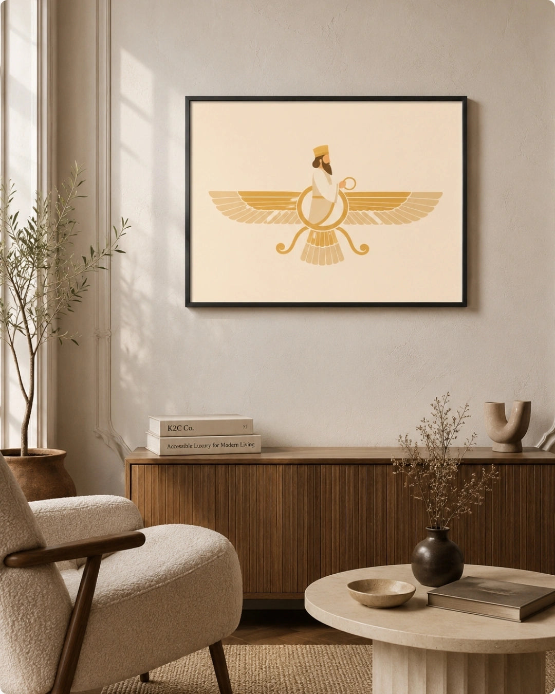 Lifestyle mockup of the horizontal Faravahar wall art in a rich walnut wood frame styled above a dark wooden console with minimal ceramic decor.