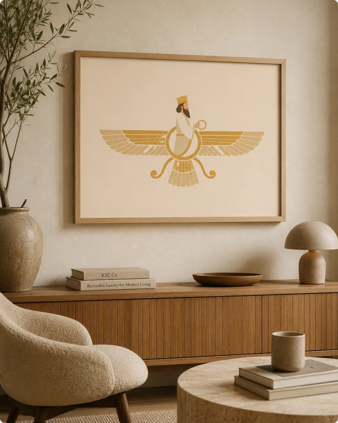 Lifestyle mockup of the horizontal Faravahar wall art in a clean white frame displayed beautifully above a textured ribbed wooden console with earthy vases.