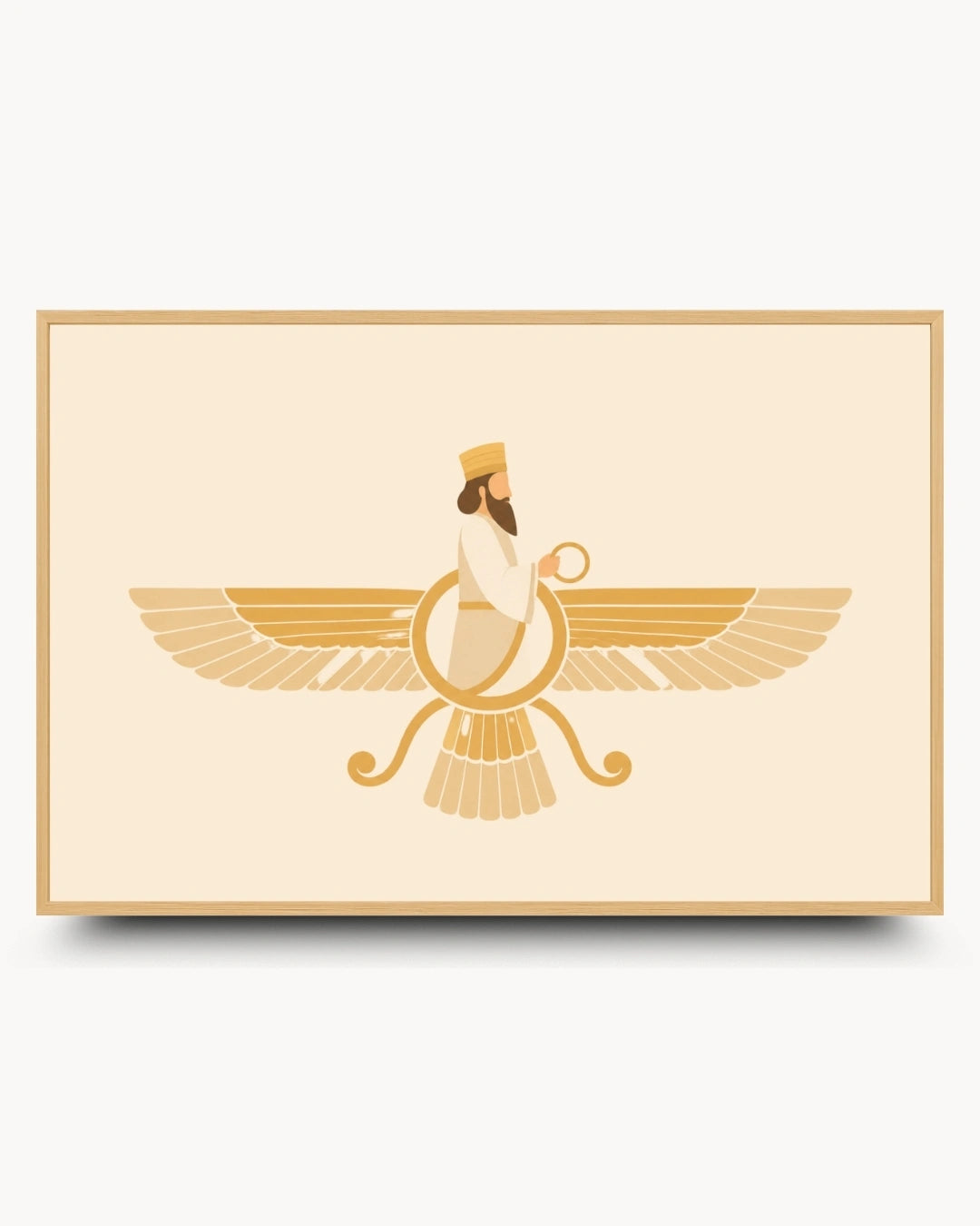 Minimalist landscape illustration of the sacred Faravahar presented as a modern wall art piece in a light maple wood frame.