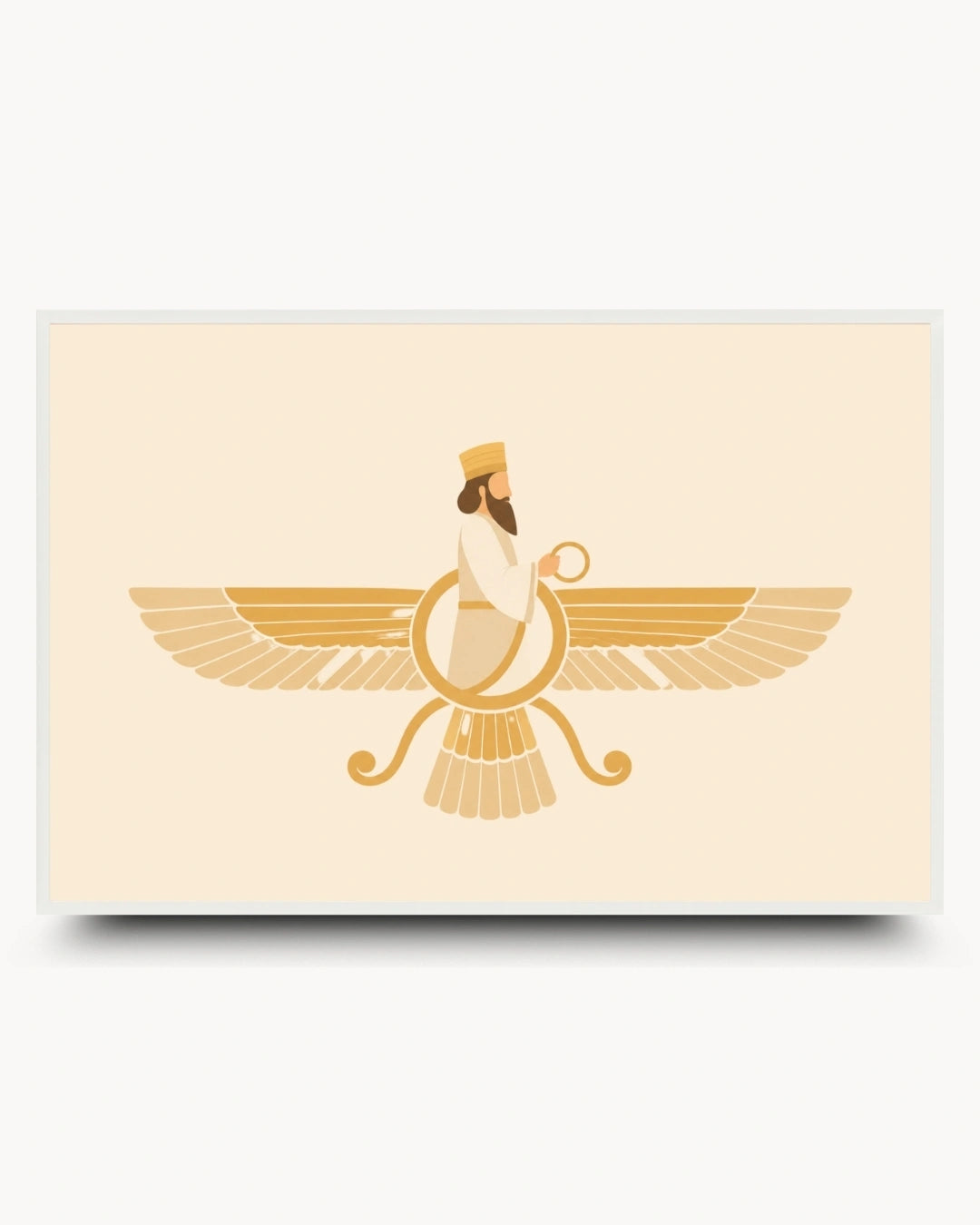 Minimalist landscape illustration of the sacred Faravahar presented as a modern wall art piece in a clean moon white frame.