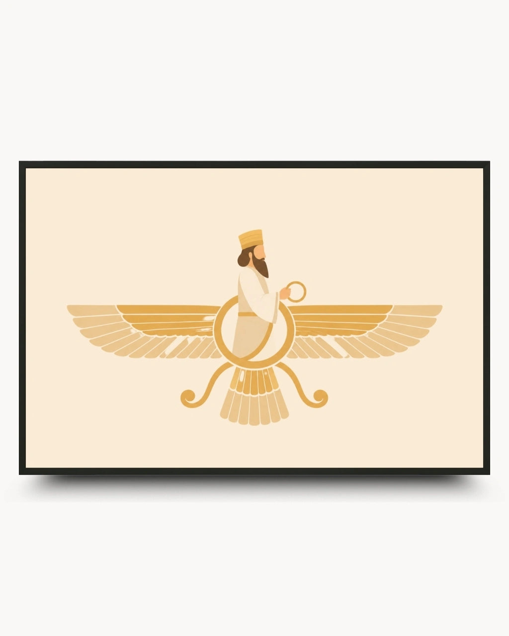 Minimalist landscape illustration of the sacred Faravahar presented as a modern wall art piece in a sleek noir black frame.
