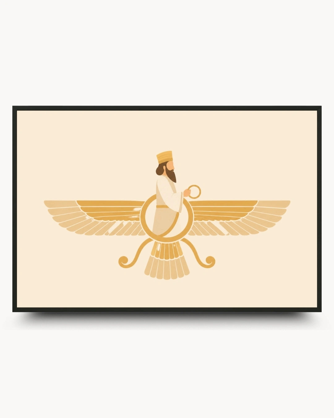 Minimalist landscape illustration of the sacred Faravahar presented as a modern wall art piece in a sleek noir black frame.