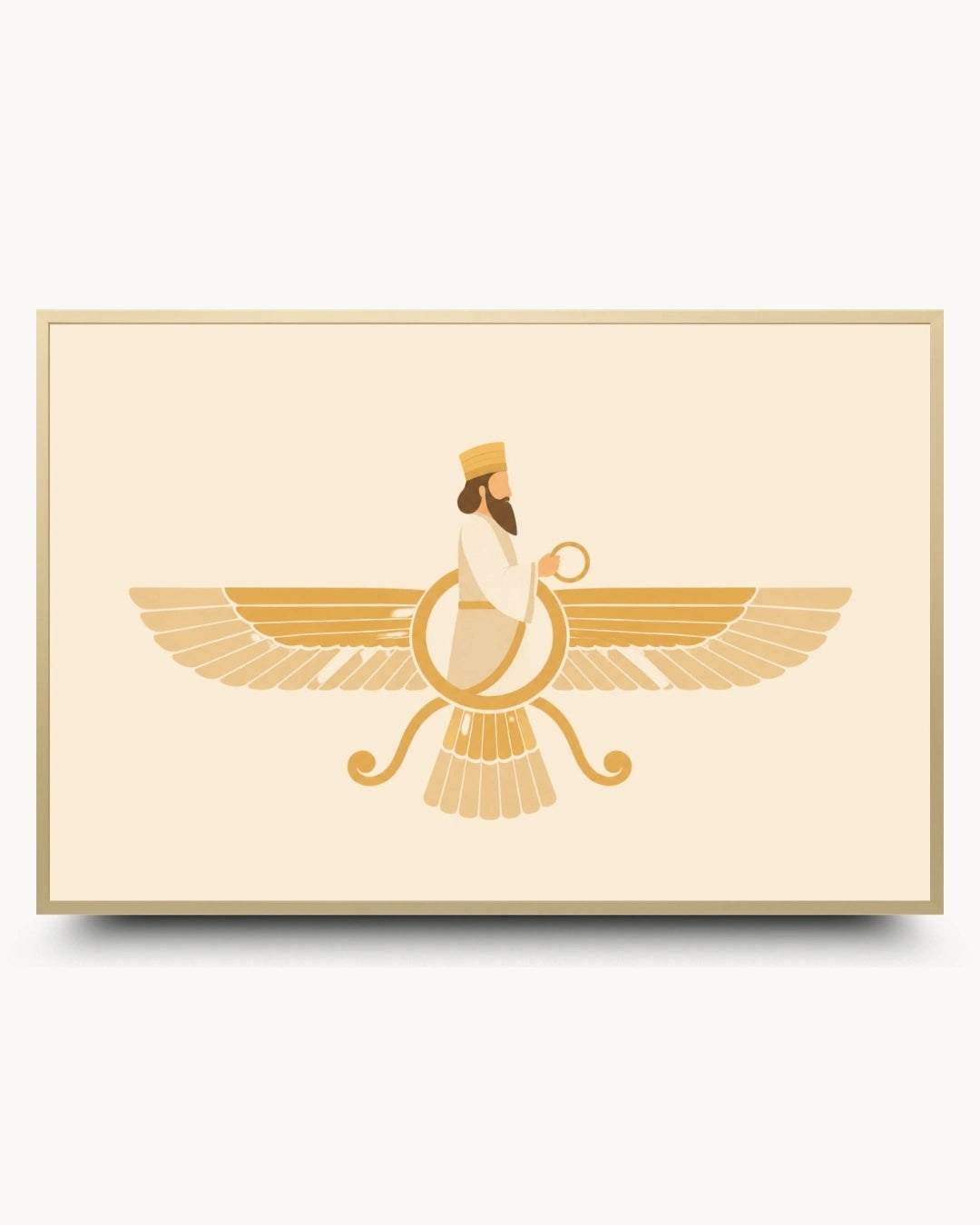 Minimalist landscape illustration of the sacred Faravahar presented as a modern wall art piece in an elegant satin gold frame.