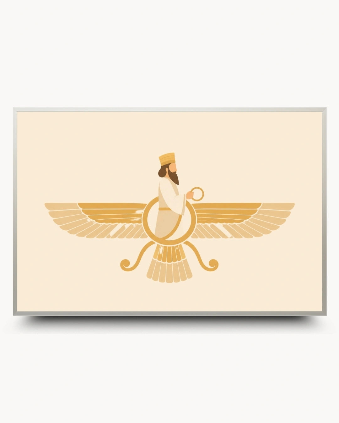 Minimalist landscape illustration of the sacred Faravahar presented as a modern wall art piece in a modern satin silver frame.
