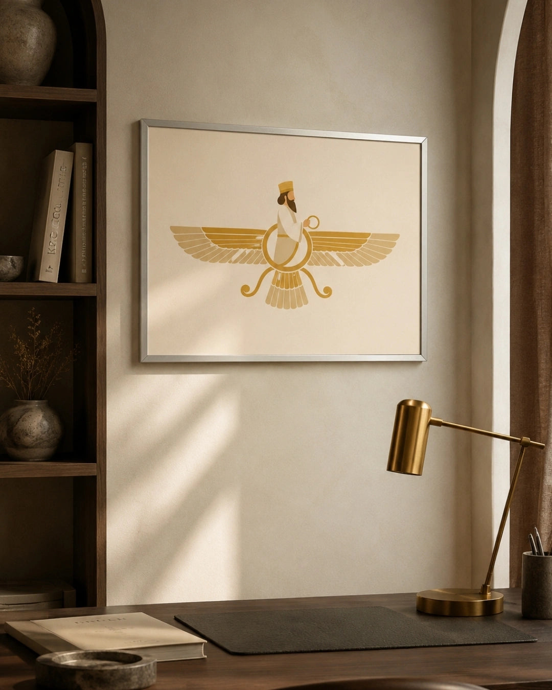 Lifestyle mockup of the minimalist Faravahar wall art in a modern silver frame beautifully aligned over a stylish dark wood home office desk next to a bookshelf.