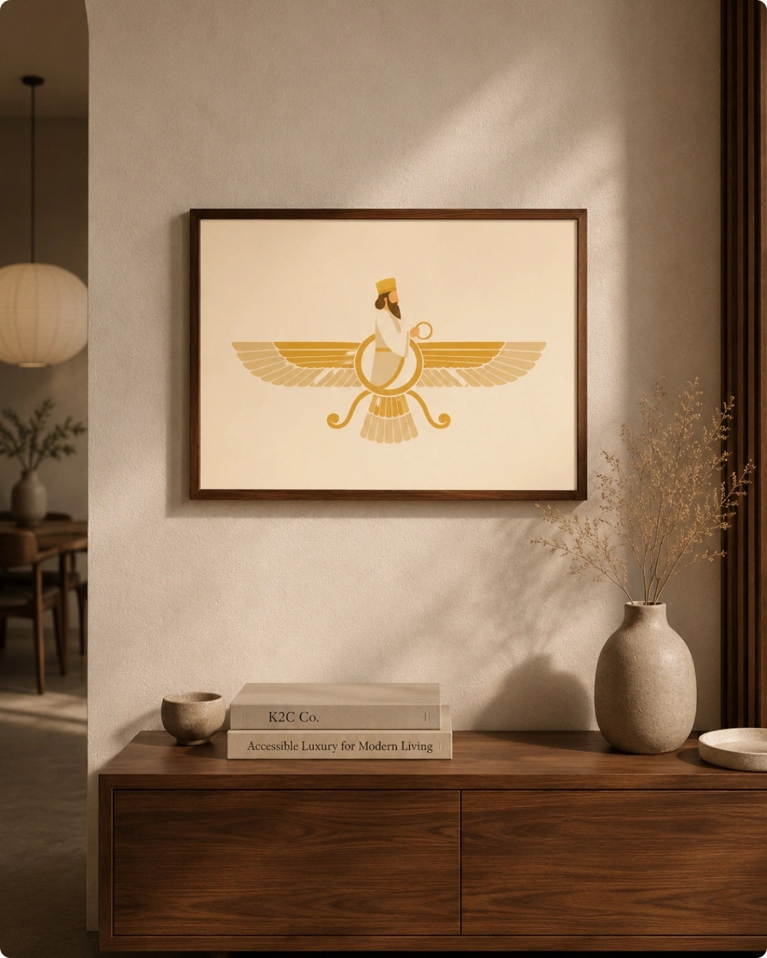 Lifestyle mockup of the horizontal Faravahar wall art in a sleek black frame styled in a bright, sunlit living room over a low wooden cabinet.
