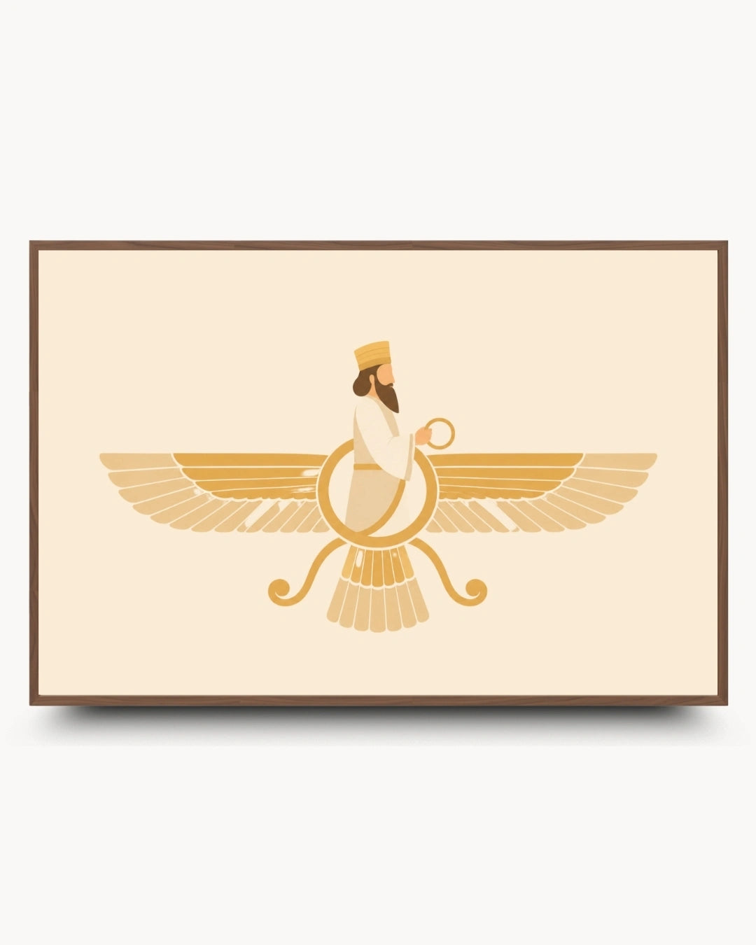 Minimalist landscape illustration of the sacred Faravahar presented as a modern wall art piece in a rich walnut wood frame.