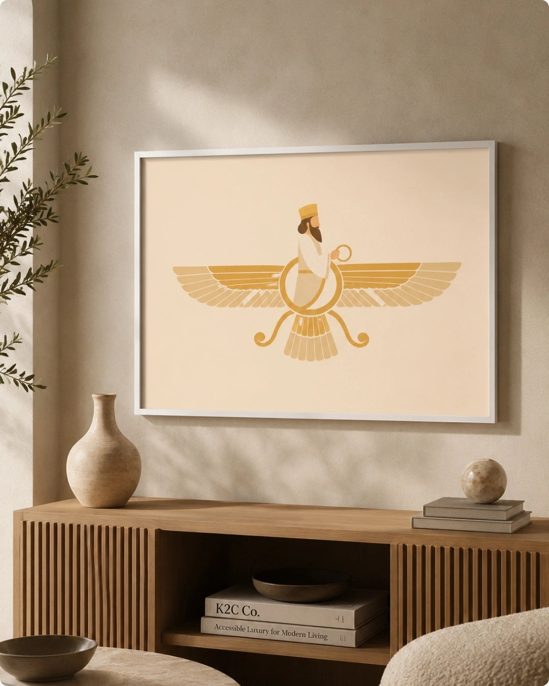 Lifestyle interior mockup of the horizontal Faravahar wall art in a light maple wood frame hung over a warm wooden credenza next to a textured accent chair.