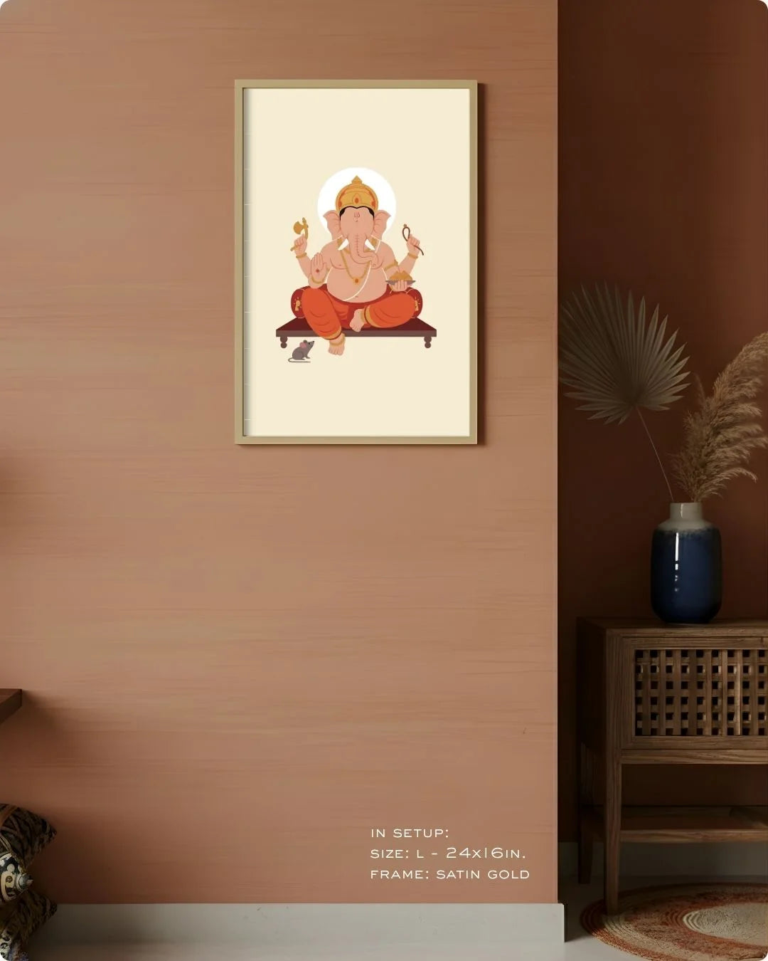 Large (Size L - 24x16in) Lord Ganesh minimalist art in a Satin Gold frame, showing the ideal scale for standard living room walls.