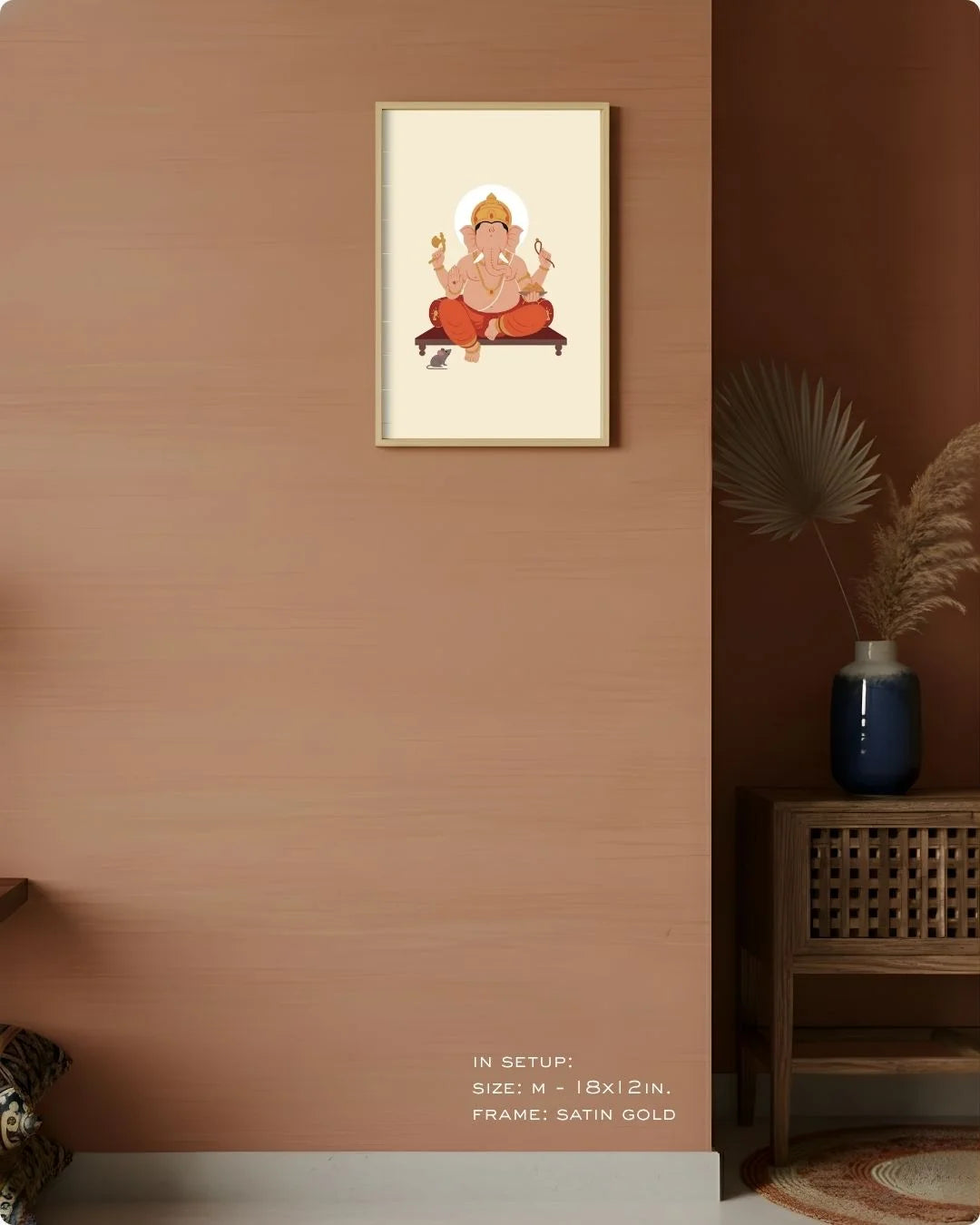 Medium (Size M - 18x12in) Ganesh divine print in a Satin Gold frame, perfectly scaled for a modern gallery wall or entryway.
