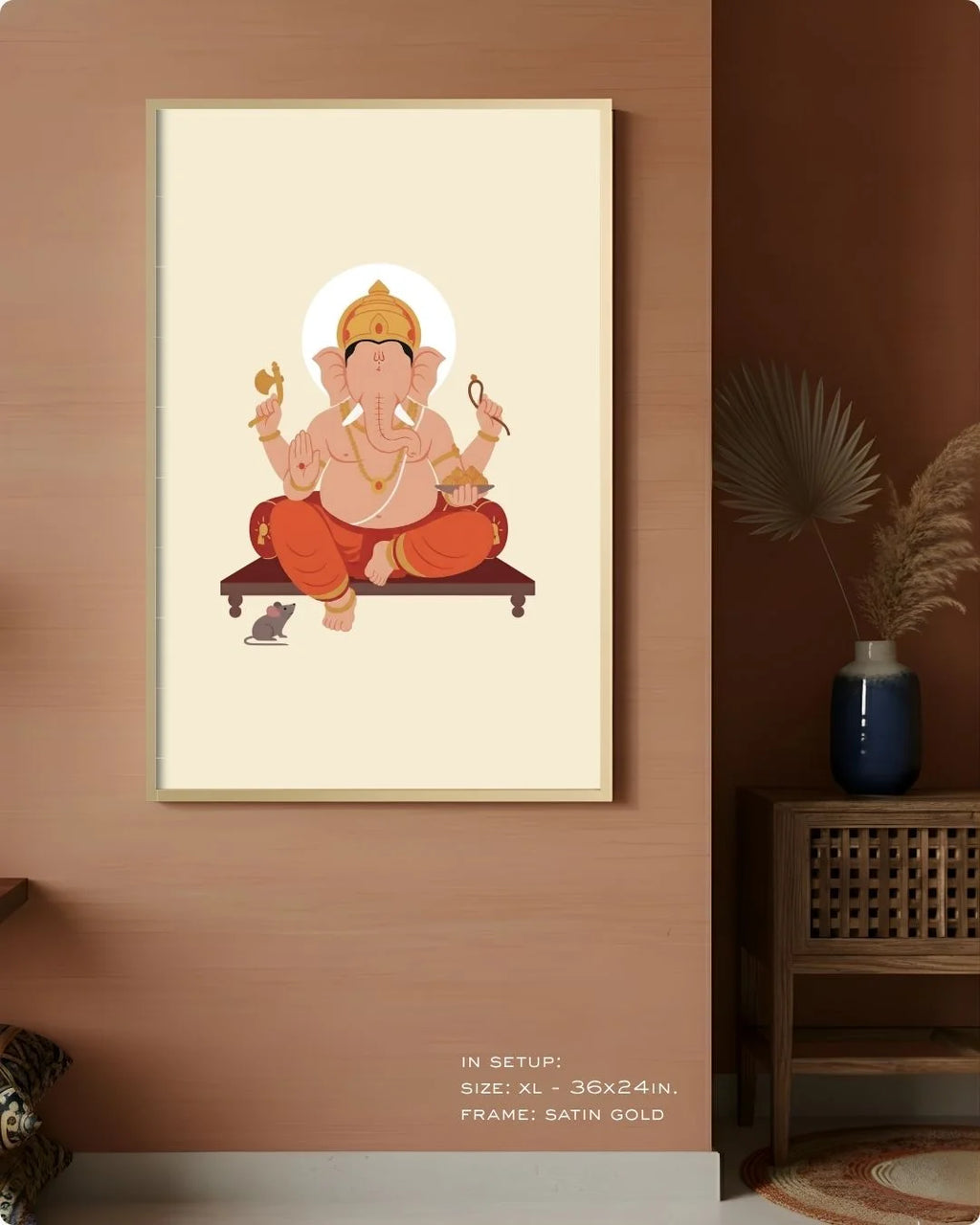 Extra Large (Size XL - 36x24in) Ganesh divine print in a Satin Gold frame, demonstrating a monumental statement wall scale on a terracotta wall.