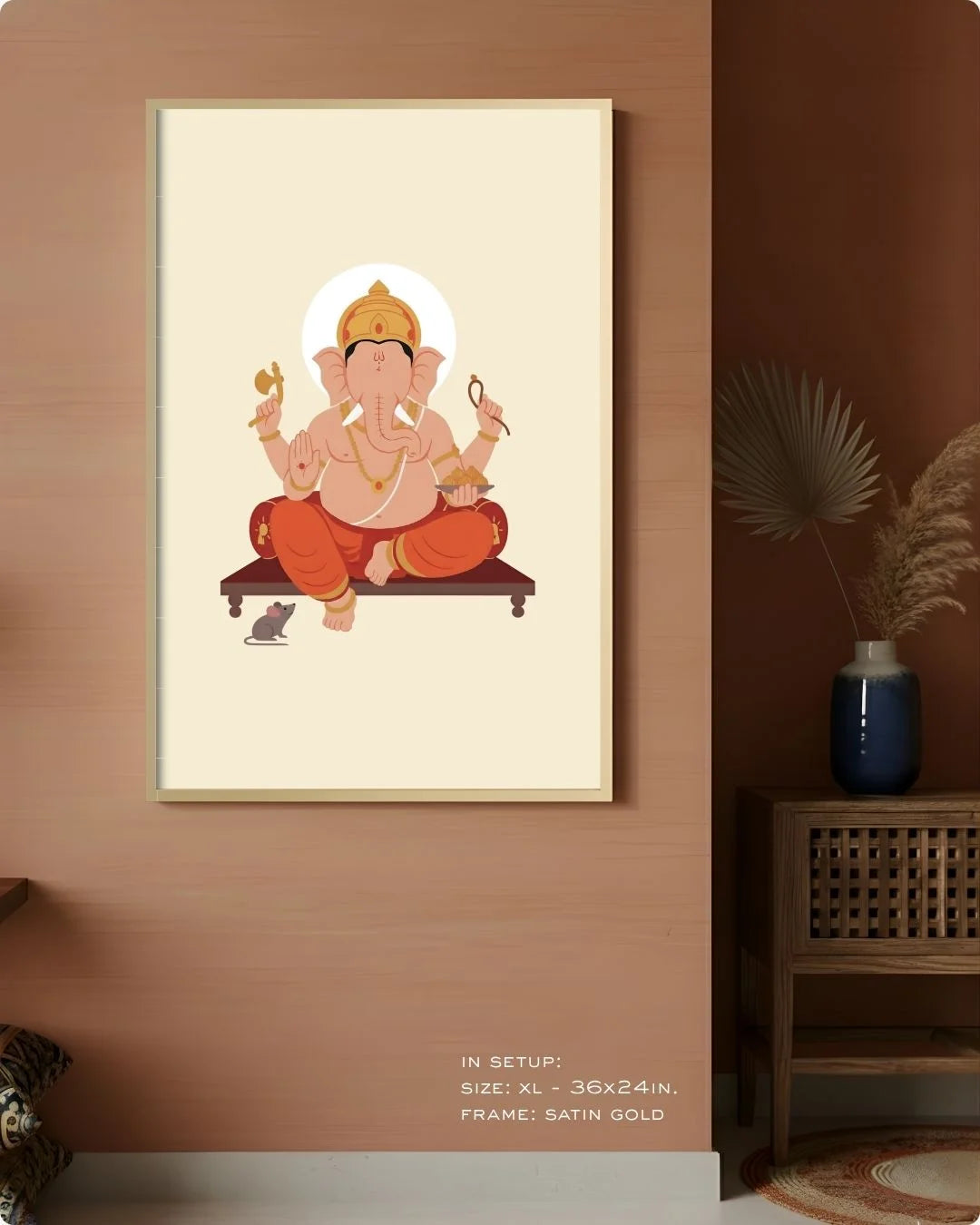 Extra Large (Size XL - 36x24in) Ganesh divine print in a Satin Gold frame, demonstrating a monumental statement wall scale on a terracotta wall.