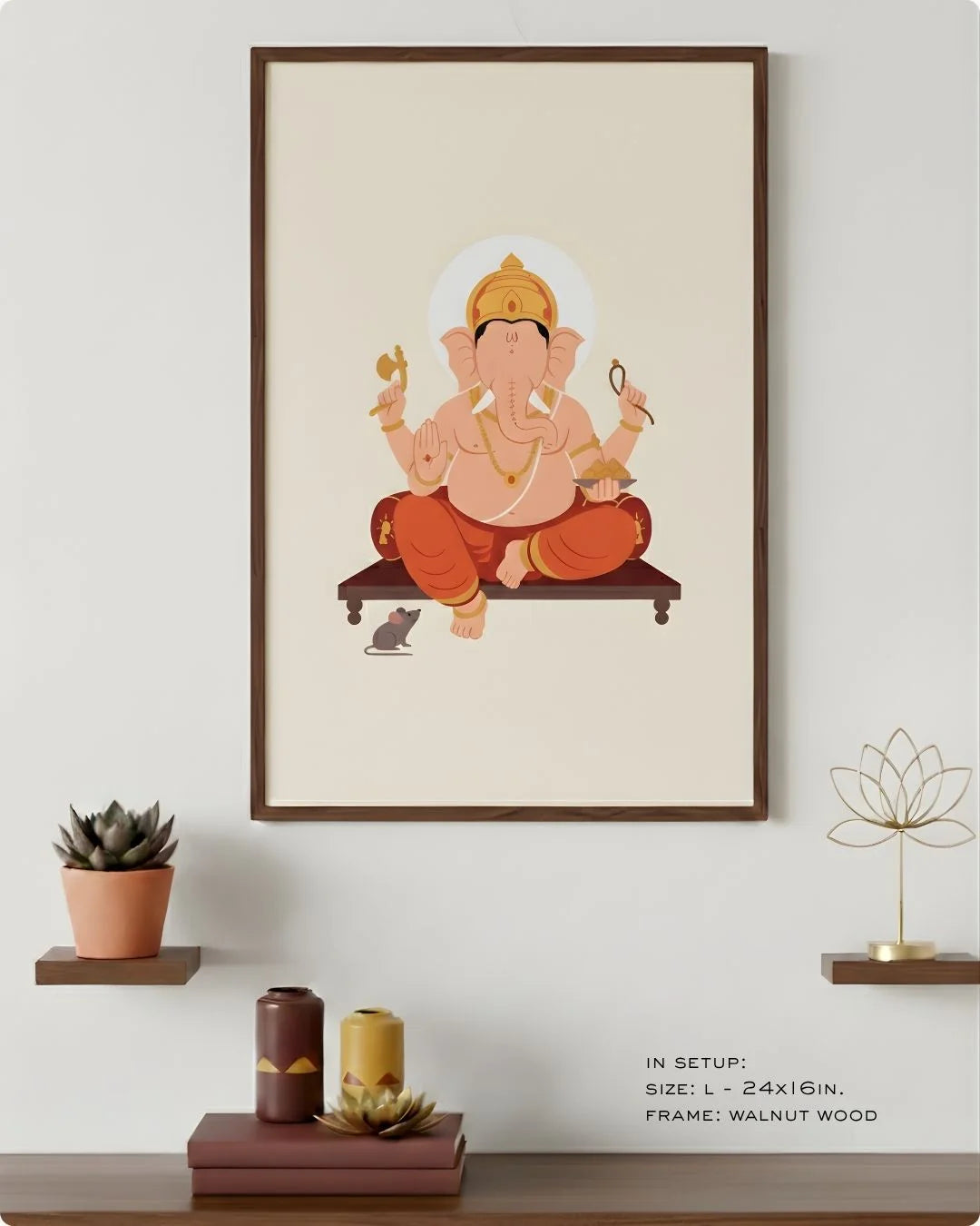 Lord Ganesh flat art in a Walnut Wood frame, styled on a minimalist white shelf with a gold lotus ornament.