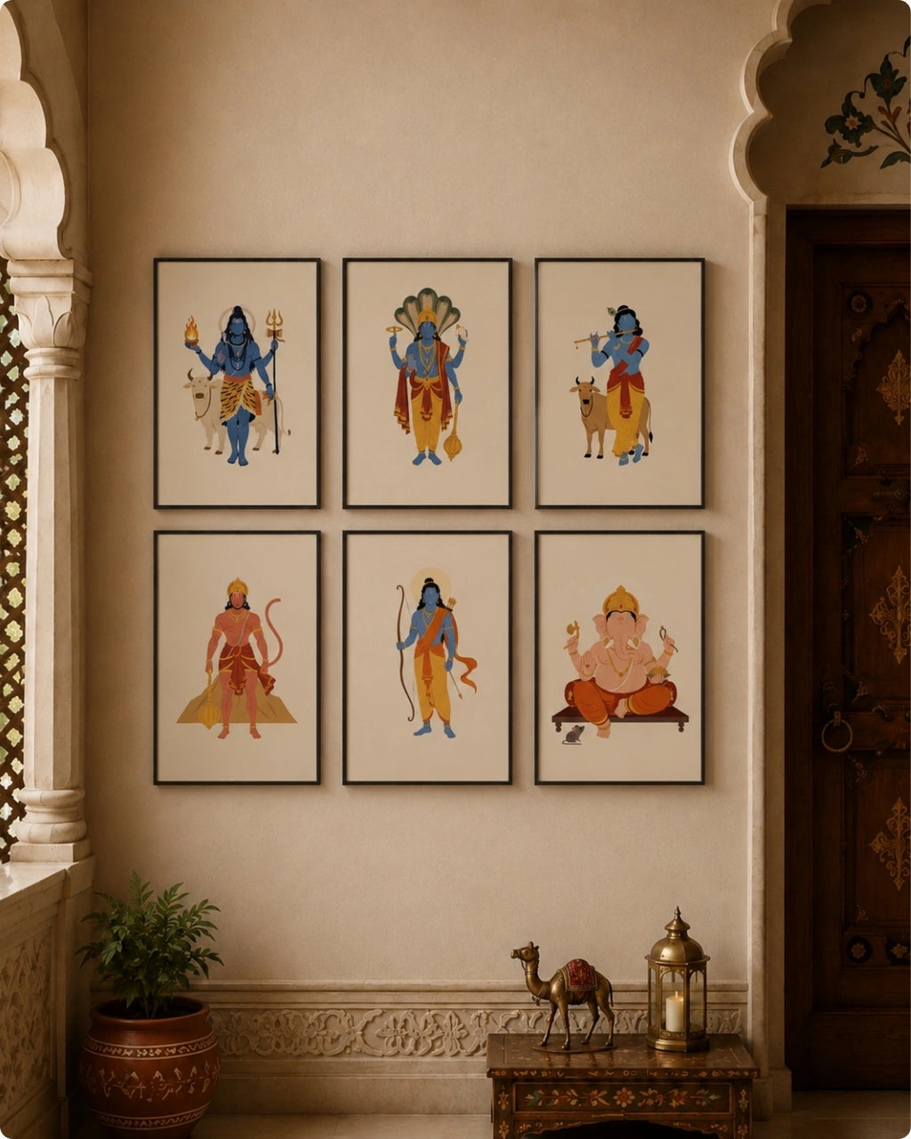 Lifestyle mockup of the 6-piece God wall art set featuring Lord Shiva, Lord Vishnu, Lord Krishna, Lord Hanuman, Lord Rama, and Lord Ganesha in sleek black frames styled as a beautiful gallery wall grid in an elegant corridor with traditional archways.