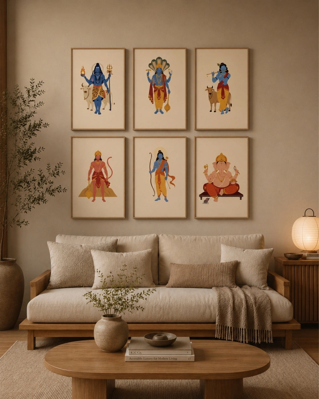 Lifestyle mockup of the 6-piece God wall art set featuring Lord Shiva, Lord Vishnu, Lord Krishna, Lord Hanuman, Lord Rama, and Lord Ganesha in light maple wood frames displayed perfectly above a modern beige sofa in a warm living room.