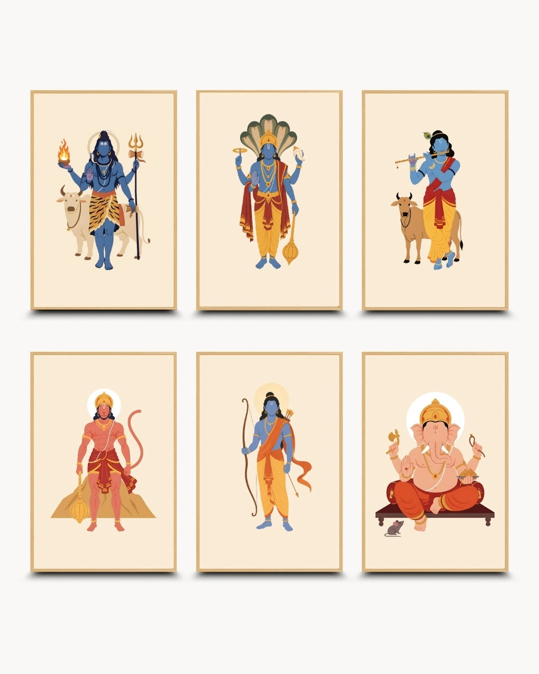 Minimalist illustration of Lord Shiva, Lord Vishnu, Lord Krishna, Lord Hanuman, Lord Rama, and Lord Ganesha presented as a set of 6 modern wall art pieces in light maple wood frames.