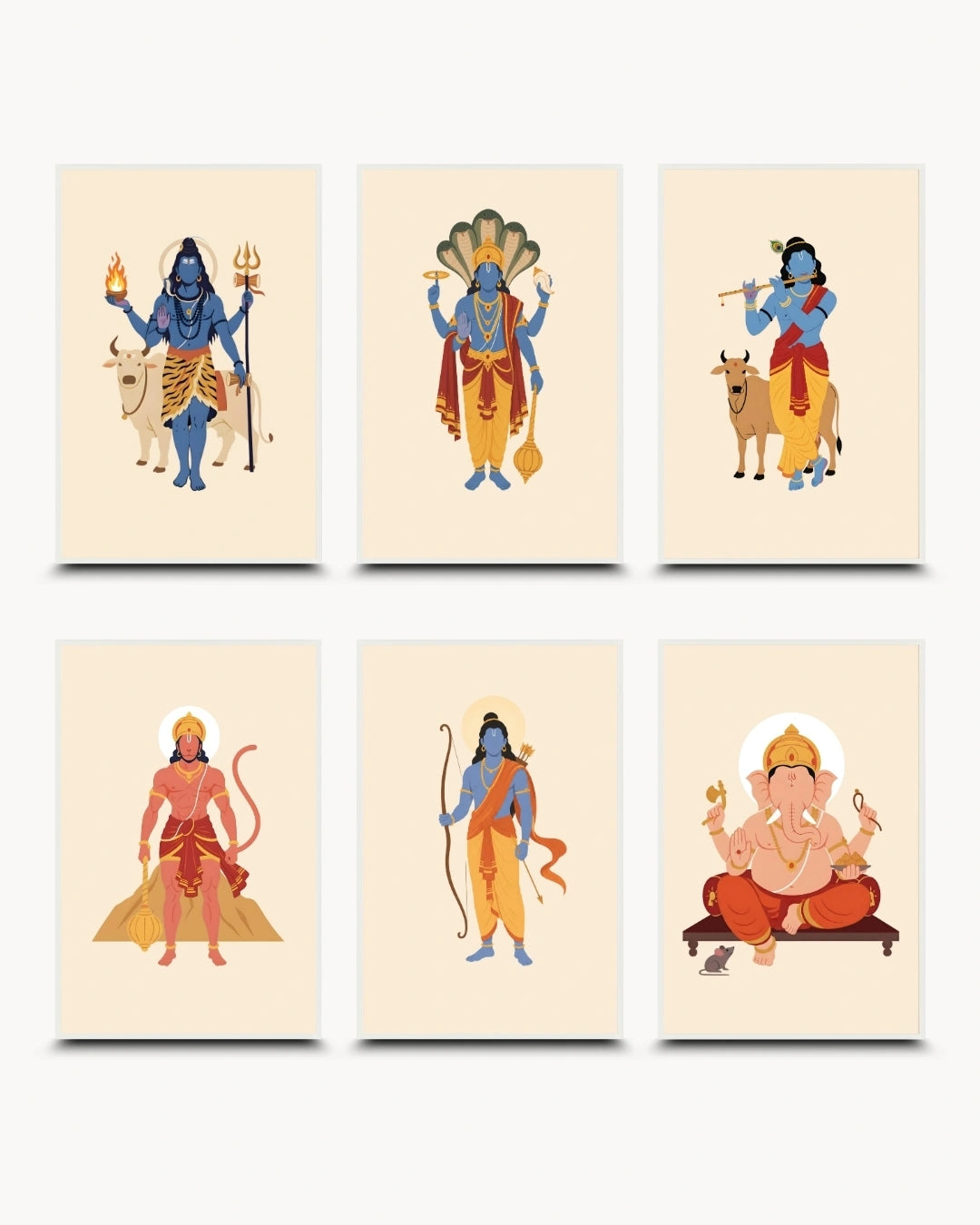 Minimalist illustration of Lord Shiva, Lord Vishnu, Lord Krishna, Lord Hanuman, Lord Rama, and Lord Ganesha presented as a set of 6 modern wall art pieces in clean moon white frames.