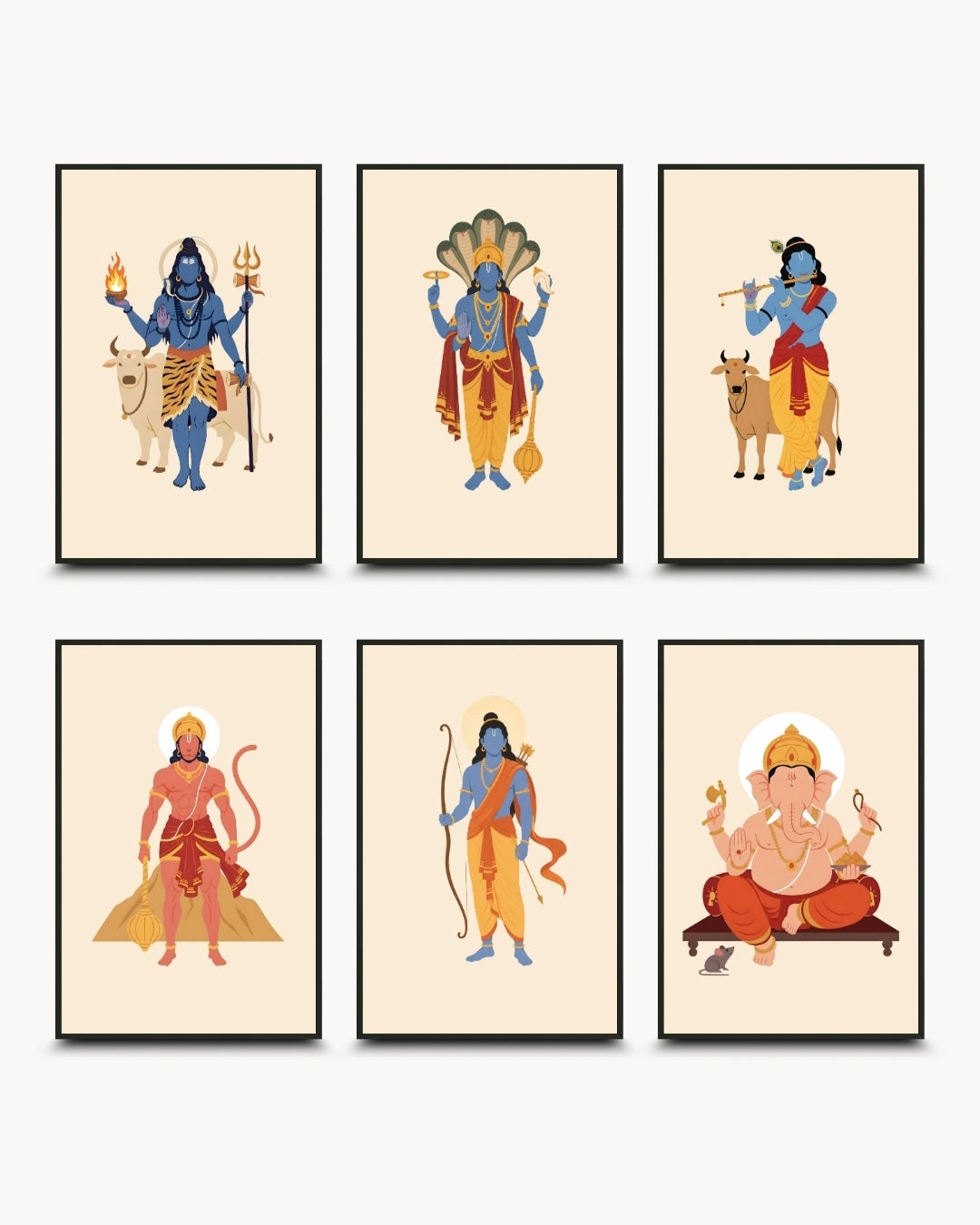 Minimalist illustration of Lord Shiva, Lord Vishnu, Lord Krishna, Lord Hanuman, Lord Rama, and Lord Ganesha presented as a set of 6 modern wall art pieces in sleek noir black frames.