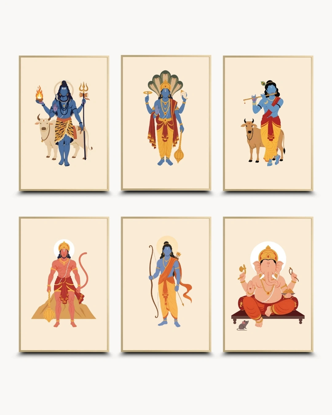 Minimalist illustration of Lord Shiva, Lord Vishnu, Lord Krishna, Lord Hanuman, Lord Rama, and Lord Ganesha presented as a set of 6 modern wall art pieces in elegant satin gold frames.