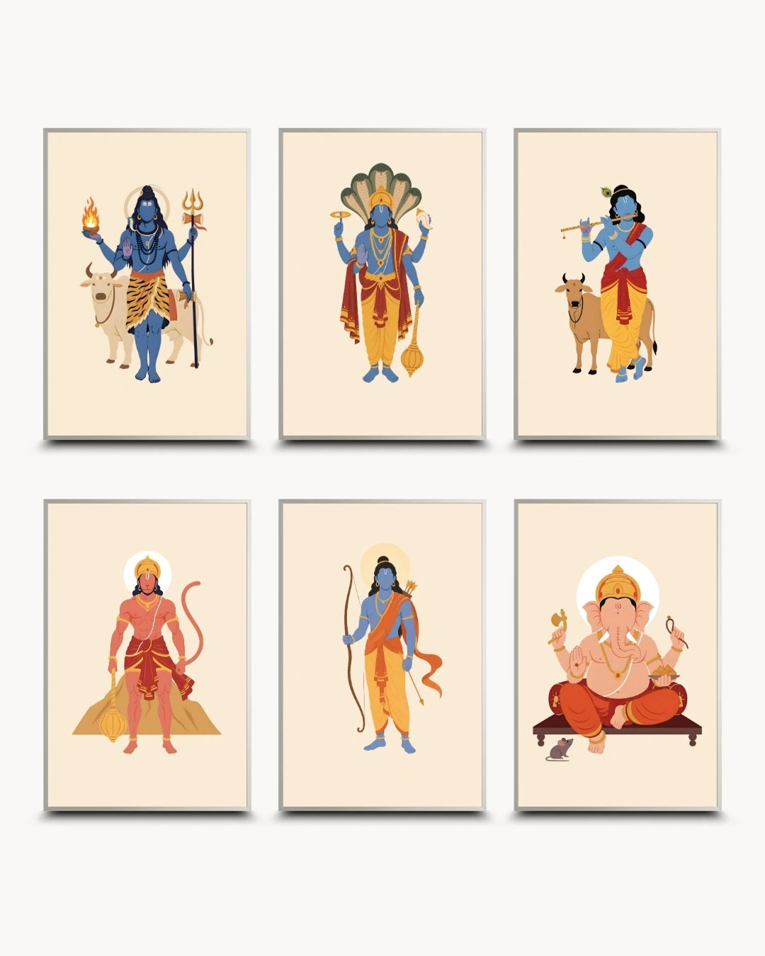 Minimalist illustration of Lord Shiva, Lord Vishnu, Lord Krishna, Lord Hanuman, Lord Rama, and Lord Ganesha presented as a set of 6 modern wall art pieces in modern satin silver frames.