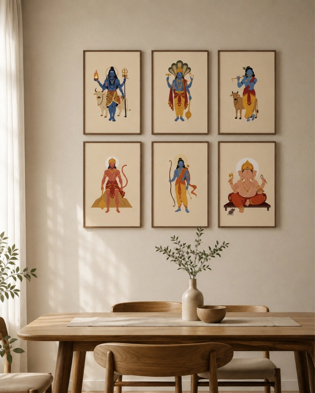 Lifestyle mockup of the 6-piece God wall art set featuring Lord Shiva, Lord Vishnu, Lord Krishna, Lord Hanuman, Lord Rama, and Lord Ganesha in rich walnut wood frames styled beautifully over a wooden dining table in a sunlit space.