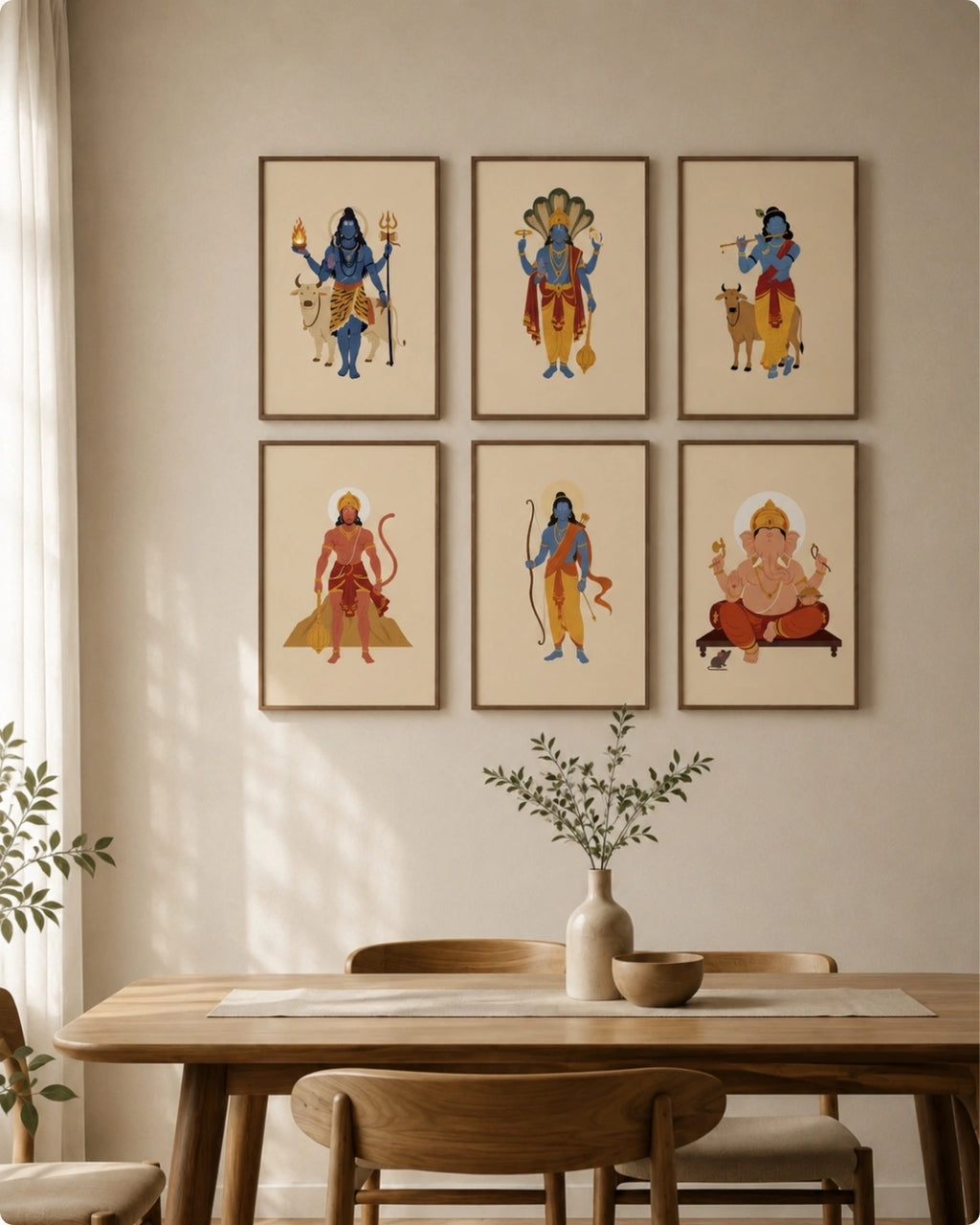 Lifestyle mockup of the 6-piece God wall art set featuring Lord Shiva, Lord Vishnu, Lord Krishna, Lord Hanuman, Lord Rama, and Lord Ganesha in rich walnut wood frames styled beautifully over a wooden dining table in a sunlit space.