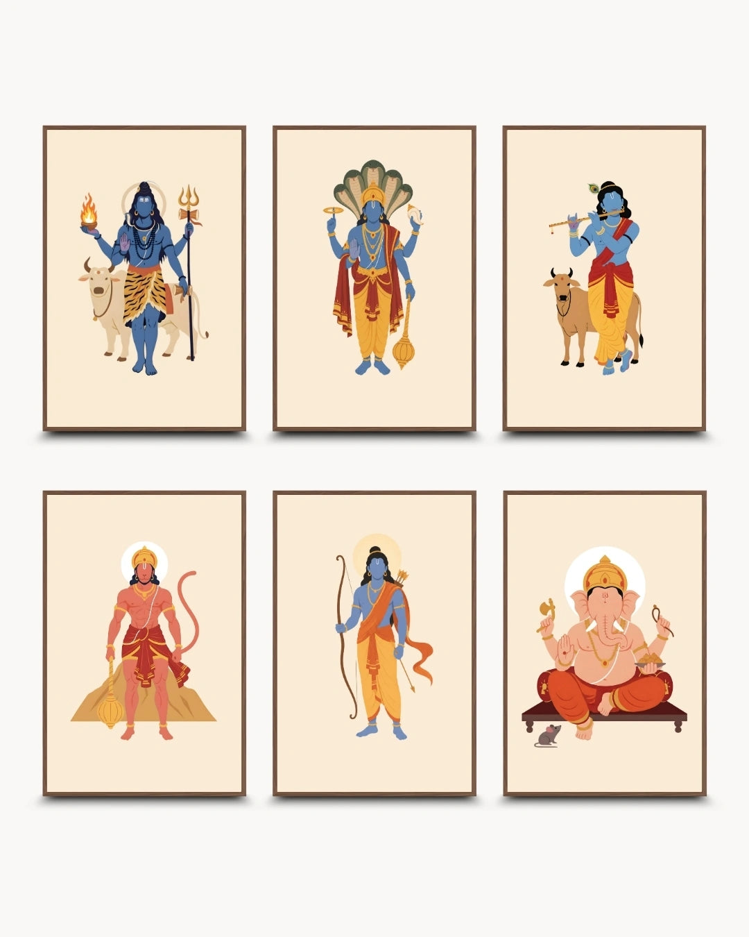 Minimalist illustration of Lord Shiva, Lord Vishnu, Lord Krishna, Lord Hanuman, Lord Rama, and Lord Ganesha presented as a set of 6 modern wall art pieces in rich walnut wood frames.