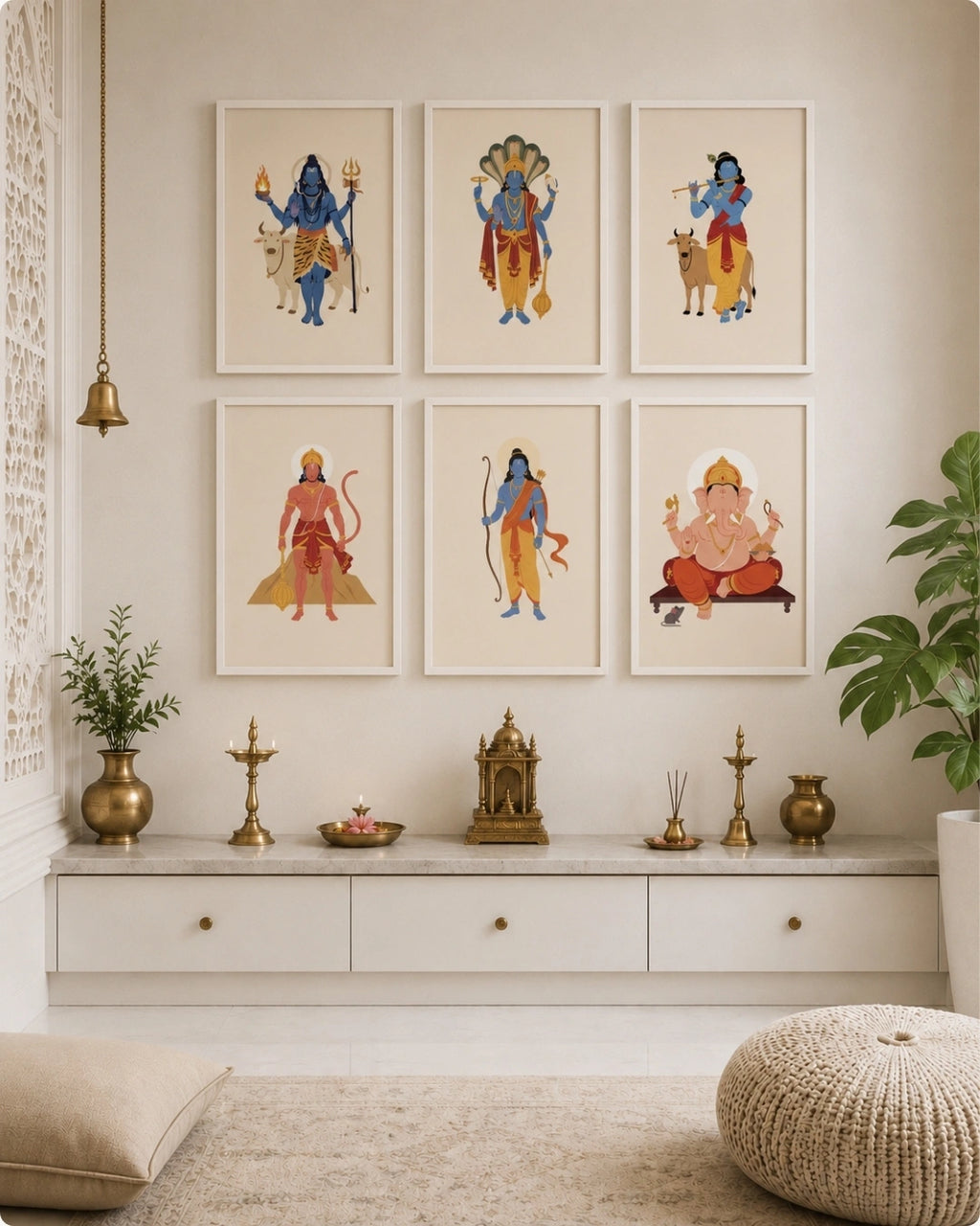 Lifestyle interior mockup of the 6-piece God wall art set featuring Lord Shiva, Lord Vishnu, Lord Krishna, Lord Hanuman, Lord Rama, and Lord Ganesha in clean white frames hung evenly over a bright, serene console in a modern puja room.