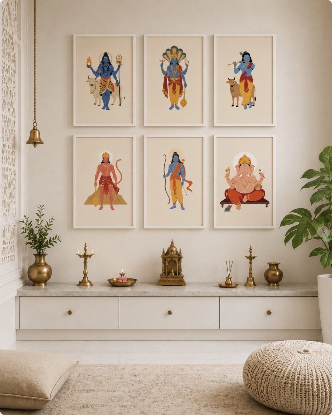 Lifestyle interior mockup of the 6-piece God wall art set featuring Lord Shiva, Lord Vishnu, Lord Krishna, Lord Hanuman, Lord Rama, and Lord Ganesha in clean white frames hung evenly over a bright, serene console in a modern puja room.
