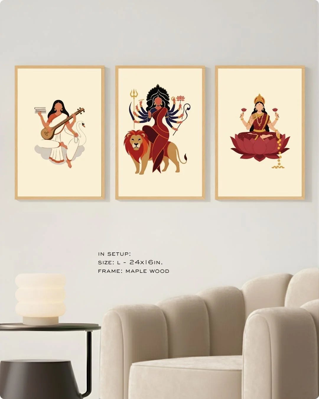 Large (Size L) 3-piece Hindu goddess triptych in Maple Wood frames, showing ideal scale for standard living room gallery walls.